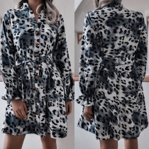 Fashion Long Sleeve Stand Collar Leopard Printed Shirt Dress