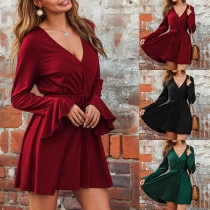 Sexy V-neck Trumpet Sleeve High Waist Solid Color Dress