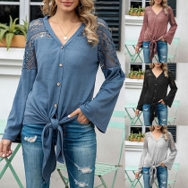 Fashion Lace Spliced Long Sleeve V-neck Lace-up Hem Top