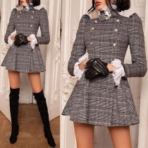 Fashion Puff Sleeve Stand Collar Double-breasted Plaid Dress