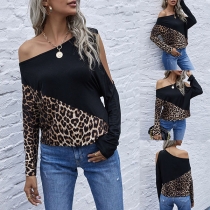 Sexy Off-shoulder Long Sleeve Leopard Spliced T-shirt