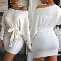 Fashion Dolman Sleeve Round Neck Slim Fit Beaded Dress