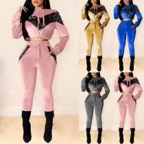 Fashion Sequin Spliced Hooded Sweatshirt + Pants Two-piece Set
