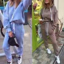 Fashion Solid Color Long Sleeve Hooded Sweatshirt + Pants Two-piece Set
