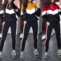 Fashion Contrast Color Hooded Sweatshirt + Pants Two-piece Set