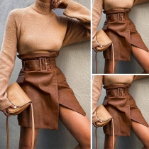 Fashion High Waist Slit Hen PU Leather Skirt with Waistband