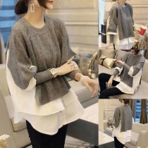 Chic Style Long Sleeve Round Neck High-low Hem Mock Two-piece Sweater