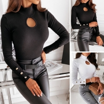 Fashion Long Sleeve Mock Neck Solid Color Hollow Out Top