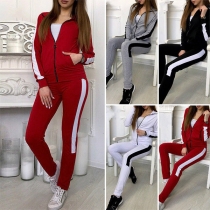 Fashion Contrast Color Long Sleeve Sweatshirt Coat + Pants Two-piece Set