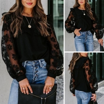 Sexy Lace Spliced Lantern Sleeve Round Neck Ruffle T-shirt