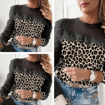 Sexy Gauze Spliced Long Sleeve Leopard Printed T-shirt