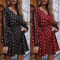 Sexy Gauze Spliced Long Sleeve V-neck Dots Printed Dress
