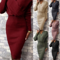 Elegant Solid Color Long Sleeve V-neck High Waist Slim Fit Knit Dress