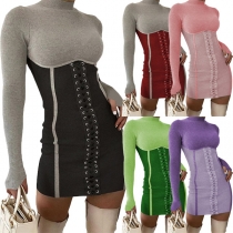 Fashion Contrast Color Long Sleeve Mock Neck Lace-up Tight Dress