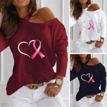 Sexy Off-shoulder Long Sleeve Heart Printed T-shirt