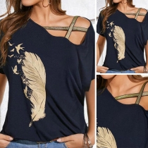 Sexy Off-shoulder Short Sleeve Feather Printed T-shirt