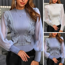 Sexy Gauze Spliced Lantern Sleeve Mock Neck Solid Color Knit Top