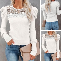Fashion Lace Spliced Round Neck Puff Sleeve Solid Color T-shirt