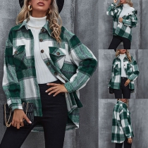 Fashion Long Sleeve POLO Collar High-low Hem Plaid Shirt