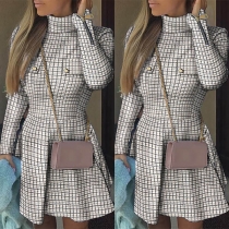 Fashion Long Sleeve Mock Neck High Waist Plaid Dress
