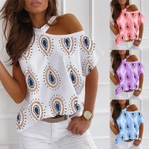Sexy Off-shoulder Short Sleeve Printed Halter T-shirt