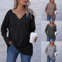 Fashion Solid Color Long Sleeve V-neck Loose Knit Top