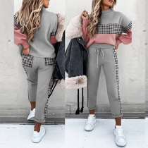 Fashion Plaid Spliced Long Sleeve Top + Pants Two-piece Set