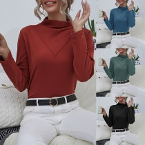 Fashion Solid Color Long Sleeve Mock Neck T-shirt