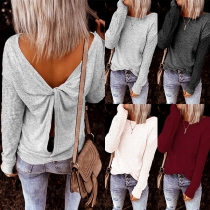Sexy Twisted Backless Long Sleeve Solid Color Knit Top