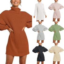 Fashion Solid Color Lantern Sleeve Turtleneck Knit Dress
