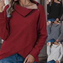 Casual Style Long Sleeve Oblique Collar Irregular Hem Sweatshirt