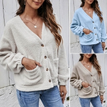 Fashion Solid Color Long Sleeve V-neck Plush Coat