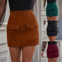 Fashion Solid Color High Waist Front-pocket Skirt