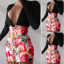 Sexy Deep V-neck Long Sleeve Printed Spliced Hem Lace-up Dress