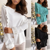 Fashion Solid Color Long Sleeve Round Neck Ruffle Top