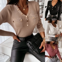 Fashion Solid Color Long Sleeve V-neck Metal-button Top