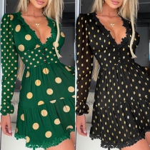 Sexy Deep V-neck Long Sleeve High Waist Dots Printed Dress