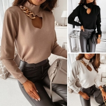 Sexy Long Sleeve Mock Neck Hollow Out Chain T-shirt