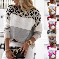 Fashion Contrast Color Leopard Spliced Long Sleeve Round Neck Knit Top
