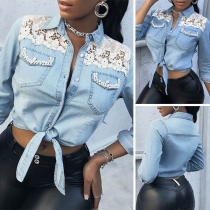 Sexy Long Sleeve POLO Collar Knotted Hem Lace Spliced Denim Top