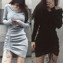 Fashion Solid Color Long Sleeve Side-drawstring Hooded Sweatshirt Dress