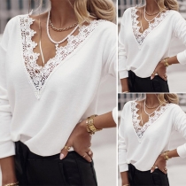 Fashion Lace Spliced V-neck Long Sleeve Solid Color T-shirt