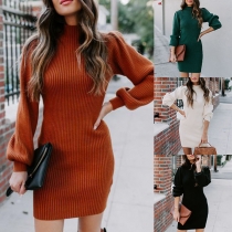 Fashion Lantern Sleeve Mock Neck Solid Color Slim Fit Knit Dress