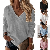 Fashion Solid Color Long Sleeve V-neck Pullover Sweater