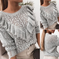 Fashion Solid Color Long Sleeve Ruffle Hollow Out Knit Top
