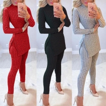 Fashion Solid Color Slit Hem Mock Neck Top + Pants Knit Two-piece Set