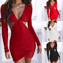 Sexy Deep V-neck Hollow Out High Waist Long Sleeve Slim Fit Party Dress