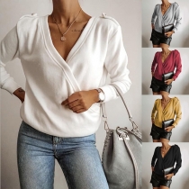 Sexy V-neck Long Sleeve Solid Color T-shirt