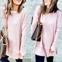 Fashion Solid Color Long Sleeve Round Neck Slit Hem Loose Top