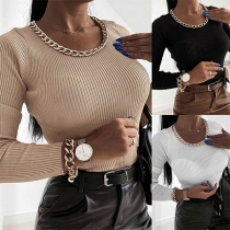 Fashion Solid Color Long Sleeve Chain Round Neck Slim Fit Top